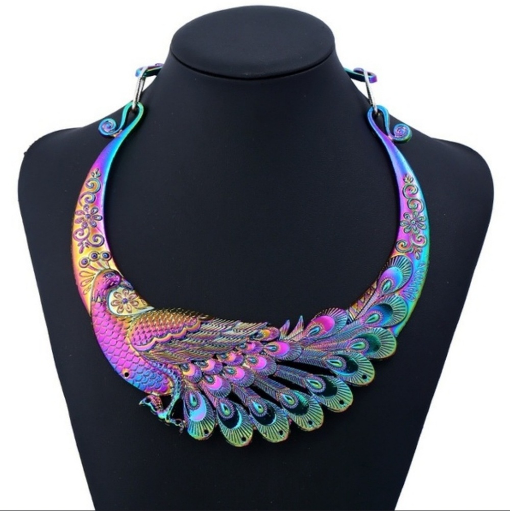 Iridescent Peacock Bib Necklace